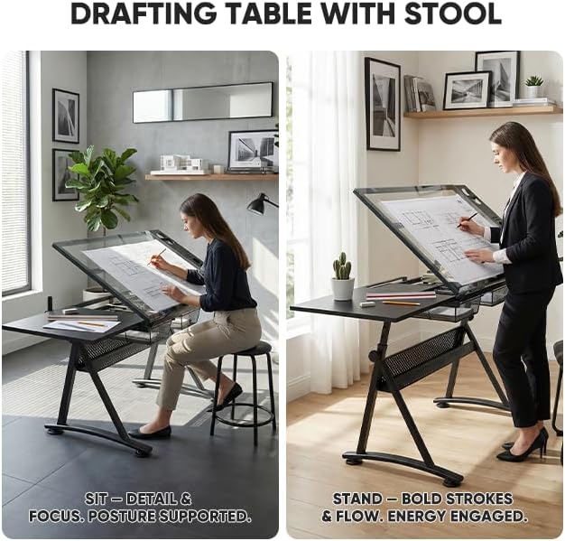 Magshion Professional Drafting Table for Teens w/Stool, Tilting GlassTabletop & Adjustable Height, Art Craft Desk Watercolor Paintings Sketching Work Station for Studio Home Office School (Clear)