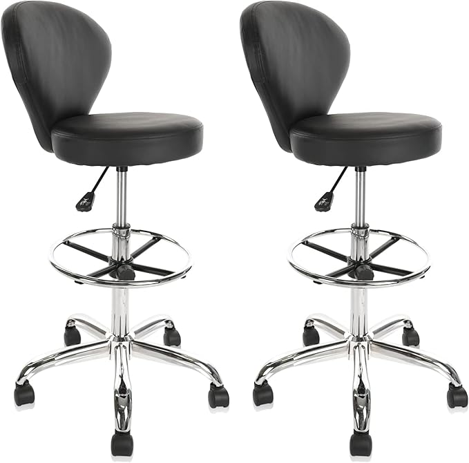 KLASIKA Black PVC Faux Leather Drafting Chair Set of 2 Rolling Swivel Salon Stool with Back Support Foot Rest Adjustable Hydraulic Seat Height for Massage Facial Spa Medical Drafting Tattoo Beauty