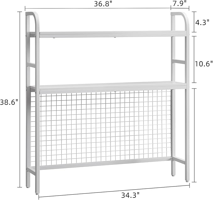 Desktop Hutch Shelf Organizer, 2-Tier Metal & MDF Desk Bookshelf with Grid Panel and Hooks for Office & Dorm (White, 36.8")