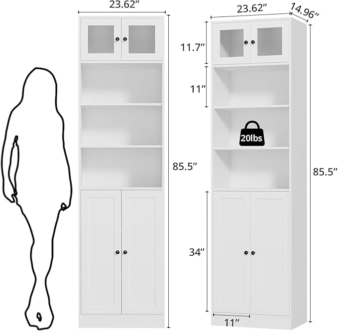 TUSY 85.5 Inch Tall Bookshelf with Doors - 7 Tier Bookcase with Glass Doors and Drawer, 23.6" Wide Storage Cabinet with Open Shelves for Living Room, White Book Shelf for Home Office, Study (A)