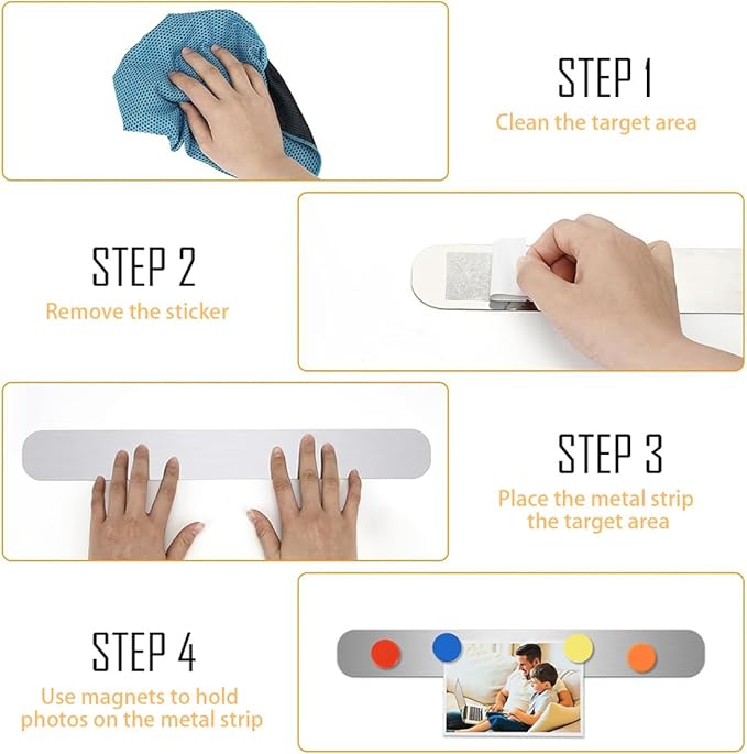 Stainless Iron Strips Bulletin Bar Board Adhesive Frameless Magnetic Bulletin Bar Strip with 10 Pieces Colorful Magnets and 8 Pcs Adhesive Tape, Memo Strip for School Office 2Pcs