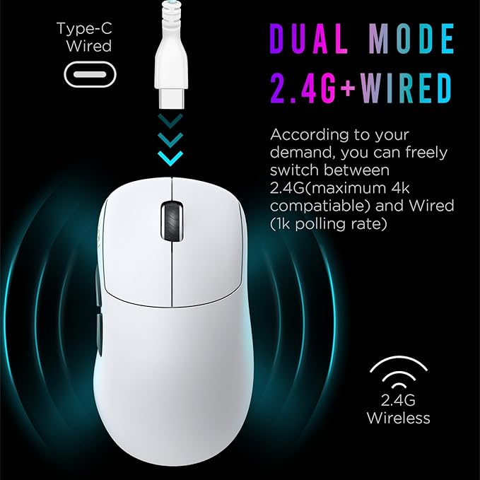 Lamzu Thorn Wireless Gaming Mouse, Ultra-Lightweight 52g, 26000DPI, Ergonomic, Optical Switch, Silver TTC Encoder, PAW3395 Sensor, MCU Nordic 52840-Polar White,4K Compatible