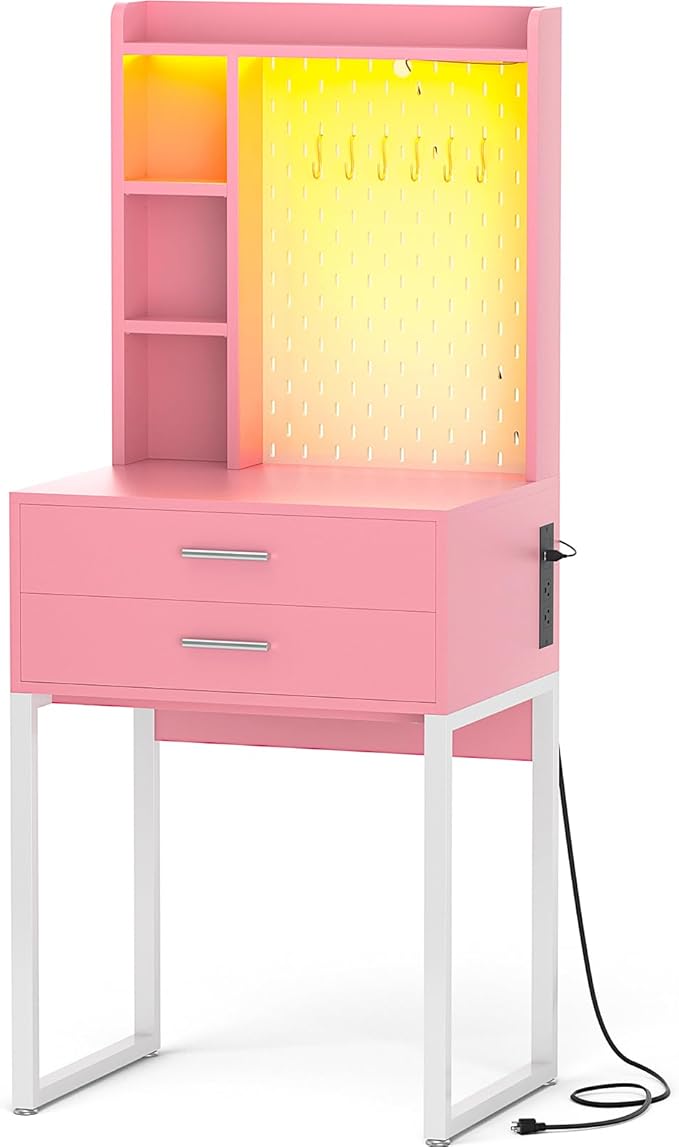 Besiost Small Vanity Desk with Hutch and Drawers, Pink Makeup Vanity Desk with Outlets, Vanity Table Dressing Table with LED Lights, Vanity Desks No Mirror with Pegboard for Girls Women, 24"
