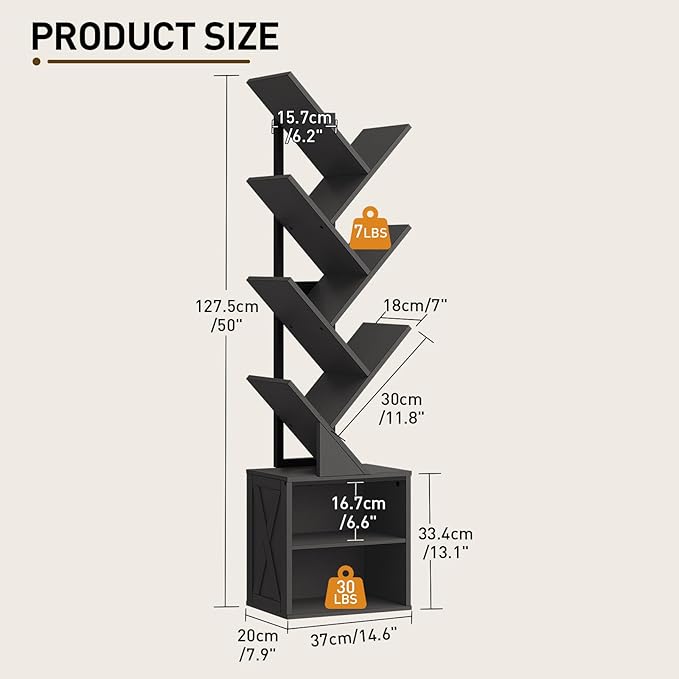 RALGEND Tree Bookshelf, 6 Tier Bookcase with 2 Storage Racks, Free Standing Wooden Bookcase, Floor Standing Book Shelf Organizer for Living Room, Bedroom, Study, Home Office, Black