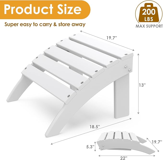 IVY&LANE Outdoor Adirondack Ottoman | Folding | Set of 2 | HDPE | White | All Weather | Waterproof Patio Footrest for Adirondack Chair | Poly Lumber Foot Rest for Deck Backyard