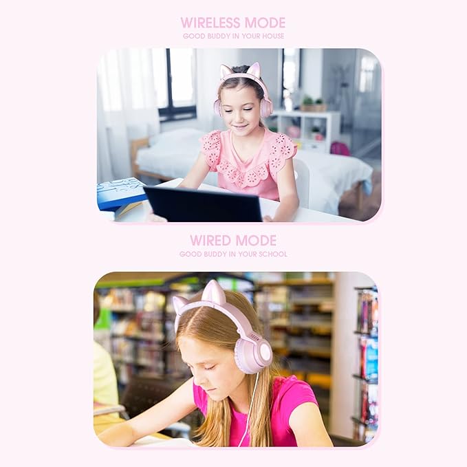 Cat Ear Bluetooth Headphones,Toddlers Kids Wireless Headphones for Boys Girls Amazon Fire Tablet/Laptop/Pad/School (Purple)