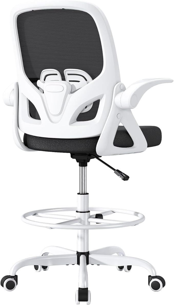 ORRSAKER Drafting Chair Tall Office Chair for Standing Desk, Breathable Mesh Ergonomic Computer Desk Chair with Flip-Up Armrests, Adjustable Lumbar Support and Footrest Ring,300 LBS，White