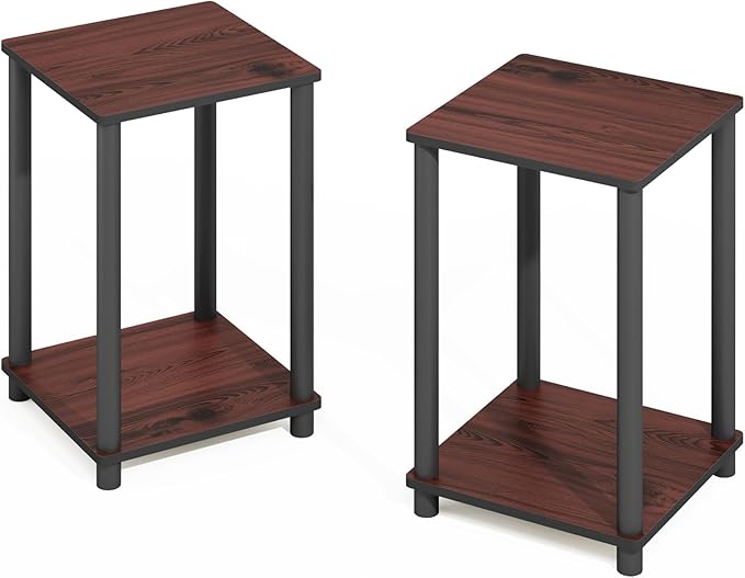 Furinno Turn-N-Tube Set of 2, 2-Tier Book Shelf with Open Shelf, Stackable Bookshelf, Toolless Bookcase with Easy Assembly, 13.4 x 13.4 x 20, for Living Room, Bedroom, Home Office, Dark Cherry/Black
