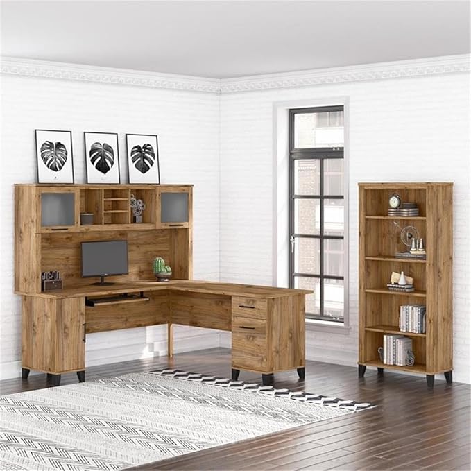 Bush Furniture Somerset 72W L Shaped Desk with Hutch and 5 Shelf Bookcase in Fresh Walnut