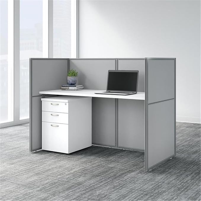 Bush Business Furniture Easy Office 60W Cubicle Desk with File Cabinet and 45H Closed Panels Workstation in Pure White