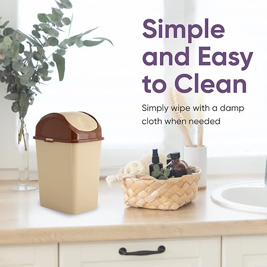 Superio 1.25 Gal Mini Plastic Trash Can with Swing Top Lid Small Waste Bin for Countertop, Desk, Vanity, Bathroom 5 Quart (Beige/Brown)