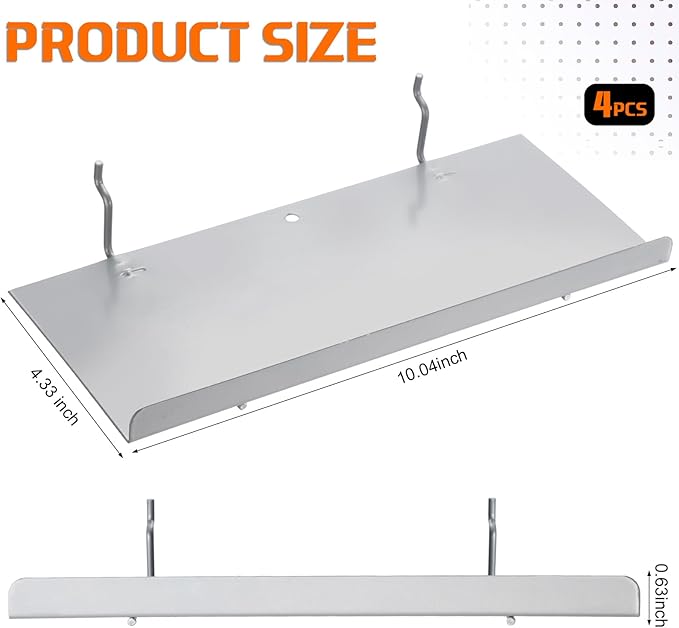 Beeveer 4 Pcs Pegboard Shelves Wall Organizer Brackets Pegboard Steel Tray Accessories Organizing Tools for Craft Garage Nursery Workbench Kitchen(10.04 x 4.33 Inch,Silver)