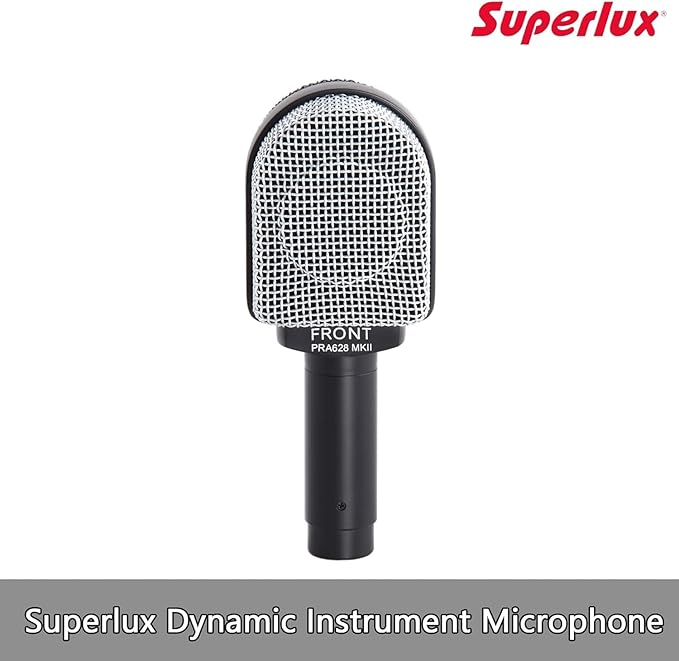 Superlux PRA628MKII Professional Dynamic Instrument Microphone, Wired Super-Cardioid Mic for Guitar/Bass Amps & Live Sound. Recording for Studio and Live Performance, Road-Ready with Clamp & Bag