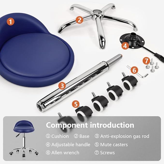 KKTONER PU Leather Round Rolling Stool with Back Rest Height Adjustable Swivel Drafting Work SPA Task Chair with Wheels (Blue)