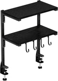 Clamp-on Desk Shelf, 13 inch Above or Below Desk 2-Tier Shelving, Adjustable Metal Storage Tray for Gaming Devices or Office Desk Accessories and More, Black, Patent Pending