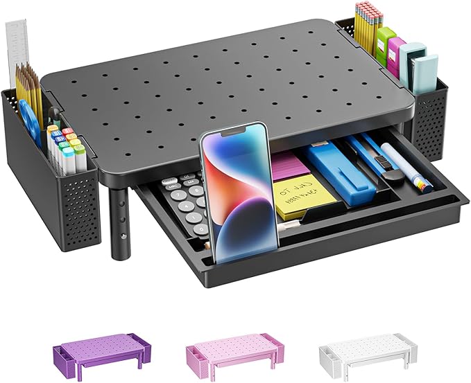WALI Computer Monitor Stand with Storage, Desk Organizer with Drawer and Pen Holder, Desk Monitor Riser 3 Height Adjustable, Laptop Riser for Computer, Laptop, Printer(PTT003-B), 1 Pack, Black