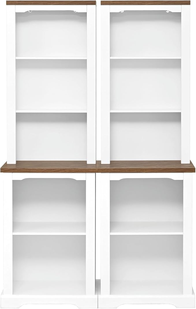 ON-Trend Two-Piece Elegant Freestanding Tall Cabinet with Fully Open Storage, Walnut Element Bookshelves with Curved Design, Stylish Display Bookcase with Anti-Tip Device for Living Room, White Refi