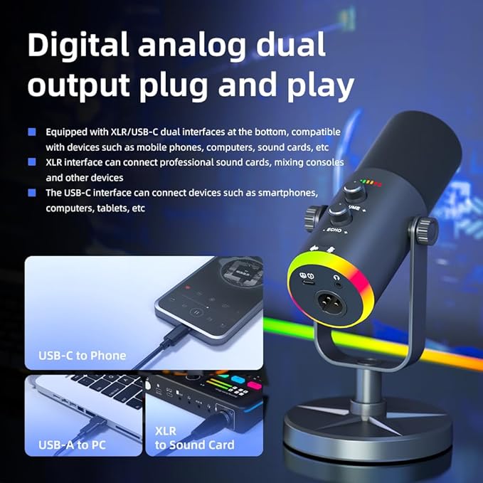 USB/XLR Desktop Dynamic Microphone with RGB Lighting, Noise Reduction, Mute Button & Headphone Jack - Podcast, Gaming, Streaming Mic for PC & Computer (Black)