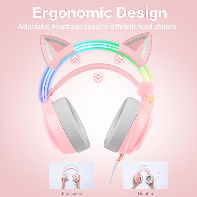 Gaming Headset with Microphone, Cat Ear Headphones for PC Laptop PS4 PS5 Xbox Switch, Rainbow RGB Lighting & Virtual Surround Sound, 3.5mm Wired Over Ear Headphones, Ergonomic
