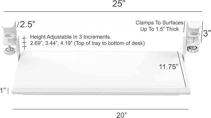 Stand Up Desk Store Compact Clamp-On Retractable Adjustable Keyboard Tray/Under Desk Keyboard Tray | Increase Comfort and Usable Desk Space | for Desks Up to 1.5" (24.5" x 11.5") (White) (Small)