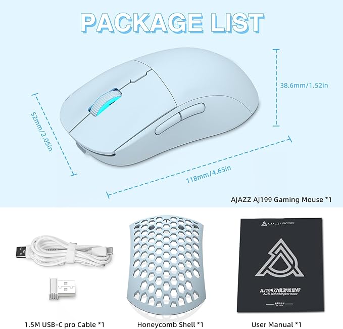 ATTACK SHARK AJ199 Wireless Gaming Mouse,59g Lightweight Ergonomic Computer Mouse,1000Hz Polling Rate,Up to 26000DPI,Double Modes PAW-3395 Optical Sensor,Programmable 6 Button for PC/Laptop/Win/Mac