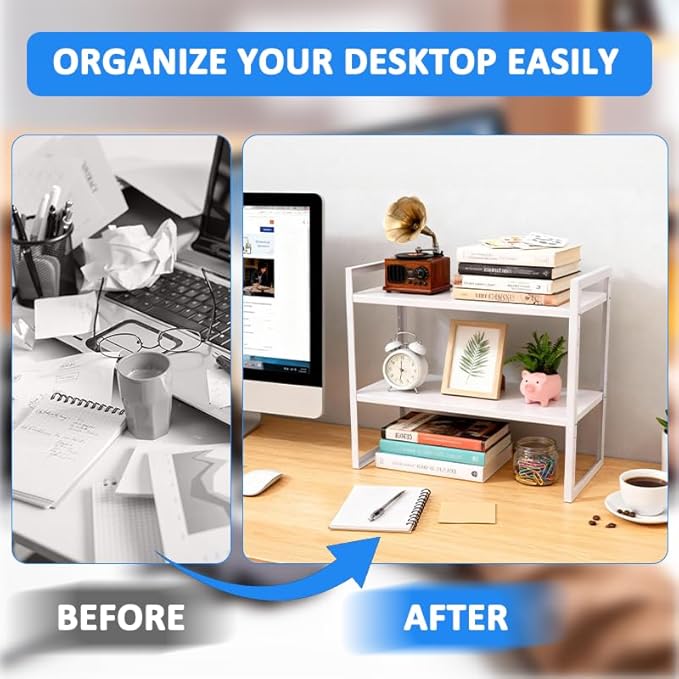 Office Desk Shelf Organizer, Metal Desktop Bookshelf Storage Rack, Height Adjustable Countertop Shelf for Study Room, Home Office, Multipurpose Storage for Books, Files, Stationery and Desk Essentials