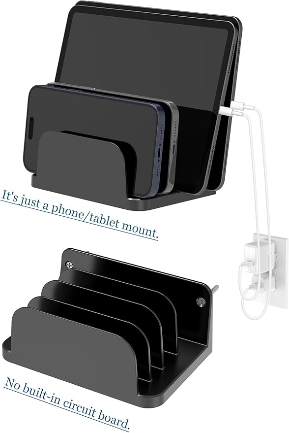 Wall Mount Phone Holder for Smartphones and Tablets, Phone Shelf with 4-Slot Docking Station Compatible with Tablet, ipad, Kindle Wall Charging Organizer (Black)
