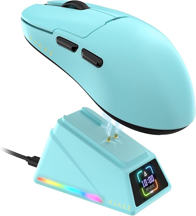 A.JAZZ AJ159APEX 8Khz Wireless Gaming Mouse Ultralight 56g with Magnetic Screen Charging Dock 42000DPI PAW3950 Sensor Tri Mode BT/2.4Ghz/Type-c Wired Programmable for Esport FPS PC Mac Gamer(Blue)