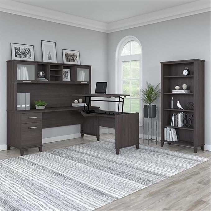 Bush Furniture Somerset 72W 3 Position Sit to Stand L Shaped Desk with Hutch and Bookcase in Storm Gray