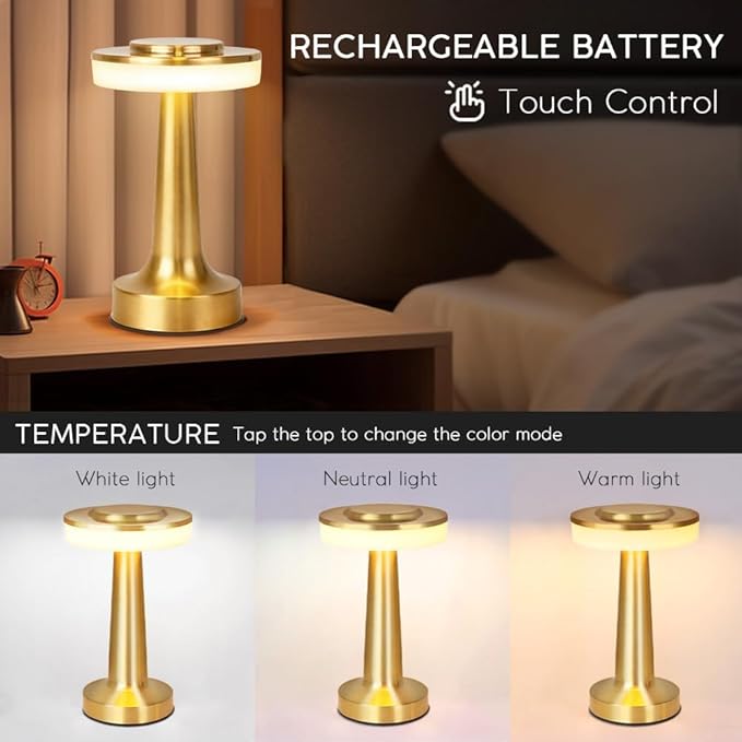 JHPGEOE Cordless Metal Desk Lamp, Touch Sensor Control LED Table Lamp, 3 Color Stepless Dimmable Battery Powered Lamp for Living Room, Dorm, Home Office (Gold)