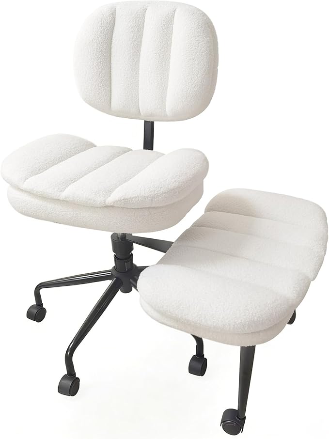 Criss Cross Chair with Footrest, 360° Swivel Faux Shearling Office Chair, Extra Wide Seat with Sofa-Like Comfort, Ergonomic Cross Legged Desk Chair for Cozy Reading, Meditation