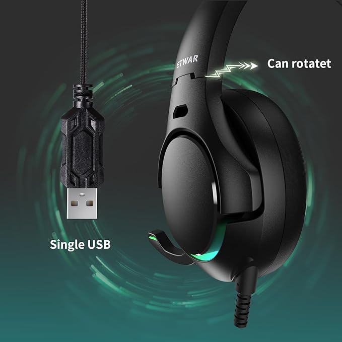 EG80 USB Gaming Headset with Noise Cancelling Microphone,7.1 Surround Sound,Soft Memory Foam Padding, RGB Lights, Wired Headphones for PS4, PS5 Console, Laptop, Call Center