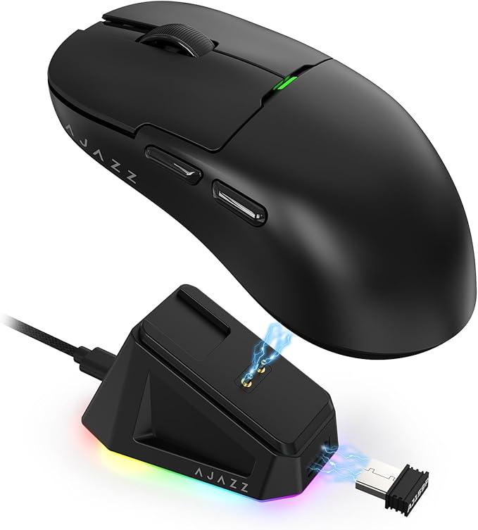 Ajazz AJ159 Dual Mode 2.4G/USB-C 56g Lightweight Gaming/Office Mouse with PAW3395 Sensor, 5 Programmable Buttons Up to 26KDPI with Magnetic Charging Dock for PC/Laptop/Win/Mac (Black)