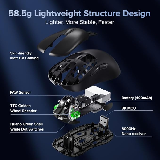 DELUX M500PRO Lightweight Wireless Gaming Mouse, 58.5g Lightweight, PAW3395 Sensor, 8000Hz Polling Rate, Huano Switches, Magnetic Charging Dock, RGB, Tri-Mode, 26000 DPI for PC Laptop Gamers (Black)