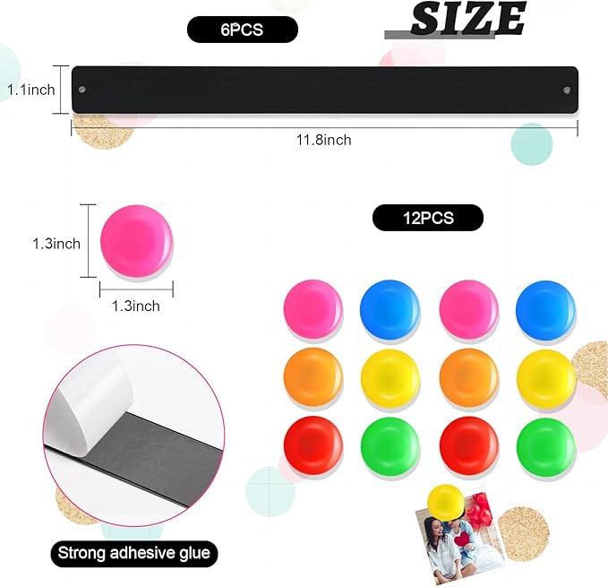 18 Pcs Magnetic Bulletin Board Strips Frameless Stainless Iron Board Strip with Colorful Magnet Self Adhesive Memo Strip for for Office Home Wall Photo (Black)