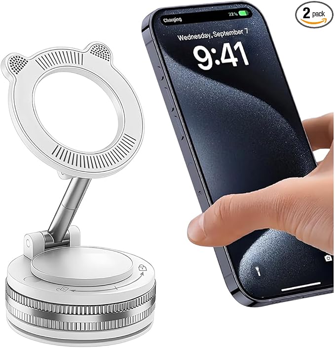 Vacuum Magnetic Suction Car Phone Holder, 360° Adjustable Foldable Strong Grip Cellphone Mount for Smooth Surface, Hands-Free Mobile Phone Stand, Universal for Most Smartphones (White)