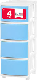 IRIS USA Plastic Drawer Storage Organizer, 4-Drawers, for Classroom Art Supplies Bathroom Dorm Bedroom Laundry Room, Slim Narrow, White Frame with Matte Blue Front Panels