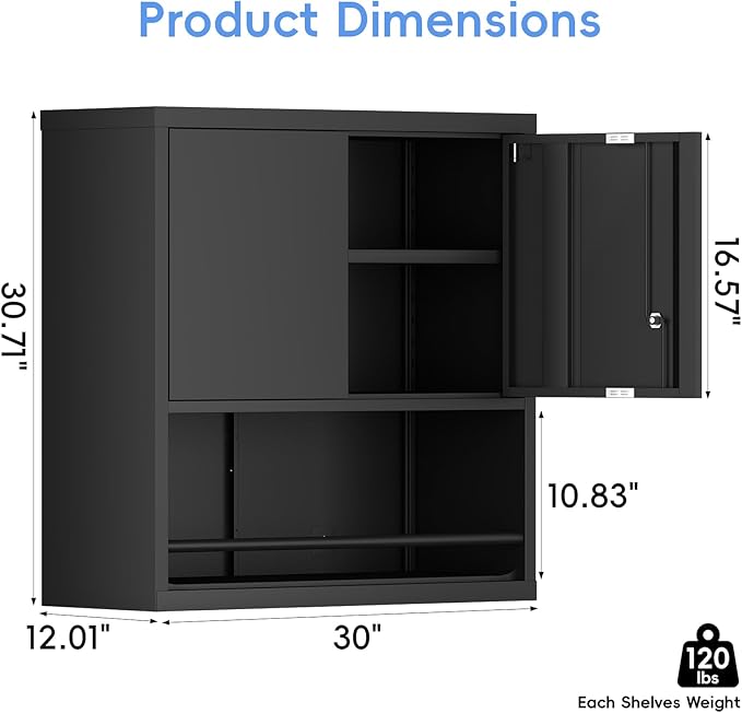 Metal Garage Storage Cabinets, Lockable Black Cabinet, Tool Cabinets Storage Wall Mounted, Hanging Cabinet with Guard Bar for Home Office, Basement