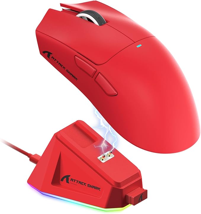 ATTACK SHARK X11 Ultra-Light Triple Mode Gaming Mouse PAW3311 Optical Sensor 22K DPI 5 programmable Buttons with Magnetic Charging Stand for PC/Mac Red