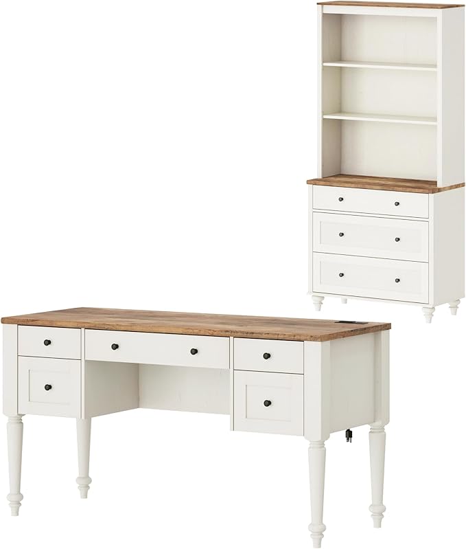 WAMPAT Home Office Furniture Set, 56" Executive Desk with Charging Station, 72" Tall Bookcase with 3 Drawers, Wood Computer Desk with File Cabinet Storage, Open Shelf, White