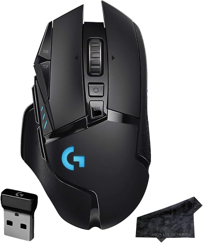 Logitech G502 Lightspeed Wireless Gaming Mouse | Hero Sensor, 25,600 DPI, 11 Programmable Buttons, Tunable Weights, RGB Lighting, Onboard Memory, PC/Mac | Signature Series Microfiber Cloth