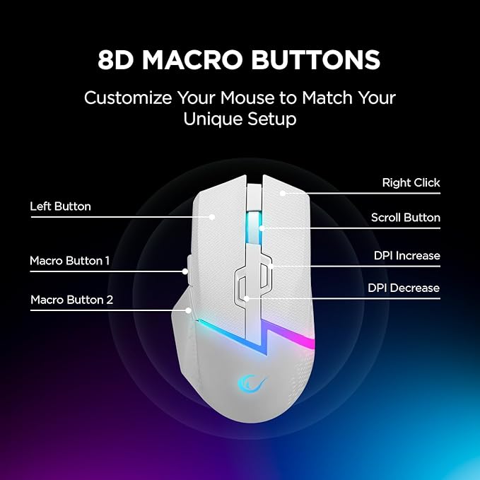 Rampage Drop M3 White Wireless Gaming Mouse – 10,000 DPI RGB Backlit, Wired/Wireless Dual Mode, 2.4GHz USB Receiver, USB-C Rechargeable, 8D Macro Buttons, Ergonomic Mouse Gamer