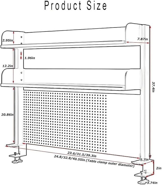 CHSSIH Clamp On Desk Pegboard Shelf - Metal Desktop Organizer Hutch with 2 Shelves for Storage and Display, Desk Add-On Shelf for Office, Dorm, or Computer Monitor Stand, Black, 39.3In