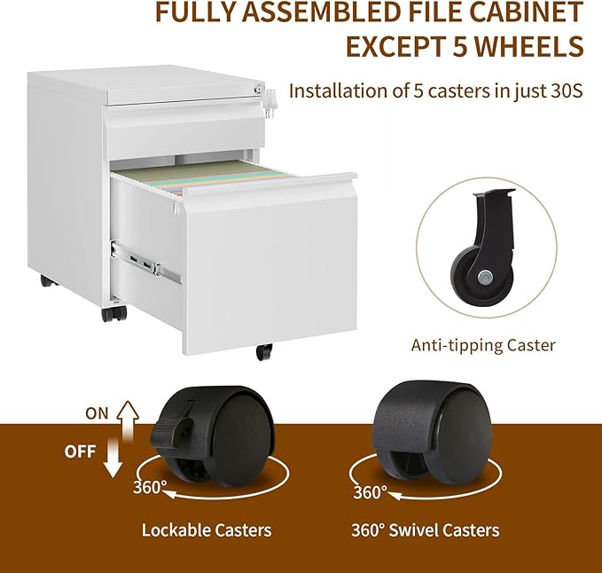 Metal Mobile File Cabinet with Lock and 4 Keys - Fully Assembled, Under Office Desk 2 Drawers Filing Cabinet for Home Office with Anti-tilt Wheels, A4/Legal/Letter Hanging File Drawers