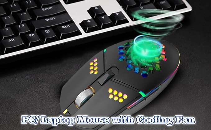 Newly Wired Gaming Mouse with Fan, Cooling Fan Honeycomb PC Mouse RGB Led Gaming Mouse for Laptop, Silent Click & 4 DPI Levels - No Sweaty Palm
