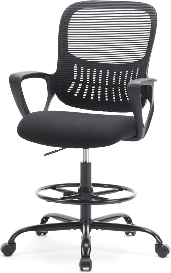 DUMOS Drafting Chair - Counter Height Adjustable Tall Office Desk Chair with Fixed Armrests and Comfortable Lumbar Support for Standing Desk, Deep Black