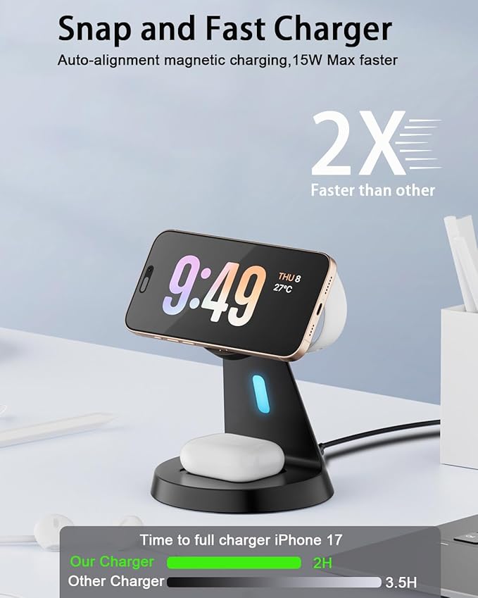 3 in 1 Wireless Charging Station for Apple Magsafe Charger Stand,Fast Magnetic Wireless Charger Station for iPhone 17 Air 16 15 14 13 12 Series,Airpods,Apple Watch