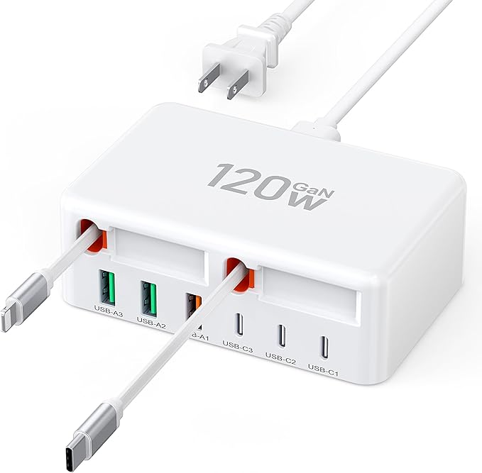 Upgraded 8-in-1 Retractable USB C Charger Block, 120W GaN Multi Charging Station Hub with Lightening & Type C Cable, Travel Essential USB C Power Strip Plug for iPhone 17 16 15 14 Pro Max iPad Galaxy