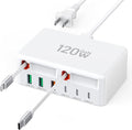 Upgraded 8-in-1 Retractable USB C Charger Block, 120W GaN Multi Charging Station Hub with Lightening & Type C Cable, Travel Essential USB C Power Strip Plug for iPhone 17 16 15 14 Pro Max iPad Galaxy