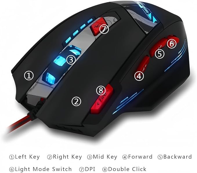 zelotes T90 Gaming Mouse 9200 DPI, 8 Programmable Buttons Multi-Modes LED Lights USB Gaming Mice, Weight Tuning for Laptop, Desktop, PC,- Black